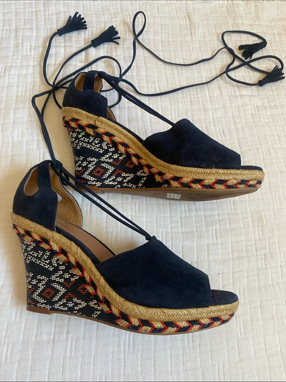 CAbi Navy Suede Lace-Up Wedge Espadrilles with Patterned Jute